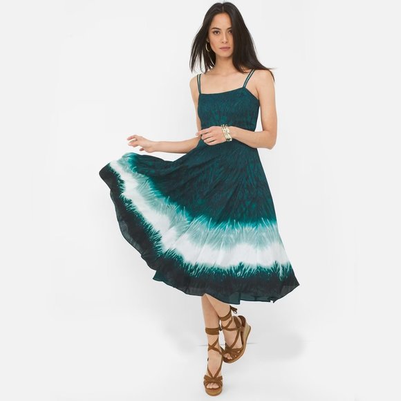 WHBM * POCKETS! * Dip Dye Fit-And-Flare Dress ELASTIC BACK, ADJUSTABLE STAPS 14 - Picture 1 of 11